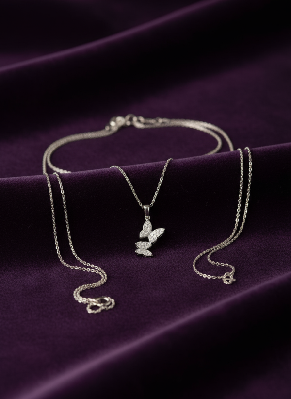 Silver-Toned Butterfly Pendant Necklace With Cubic Zirconia Accents