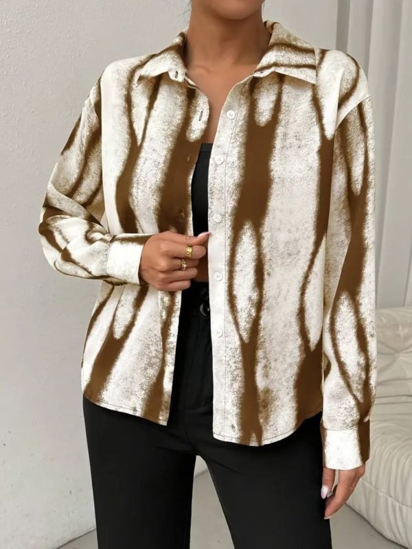 Syasii Women's Short Button-Down Long Sleeves shirt (Brown)| Printed Casual Crop Top | Stylish Collared Shirt for Women | Oversized Shirt for Woman