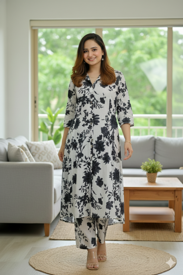 Premium White & Blue Floral Printed Kurta For Women