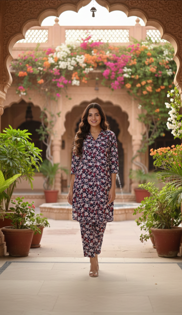 Blue Cotton Printed A line Co-ord Set For Women