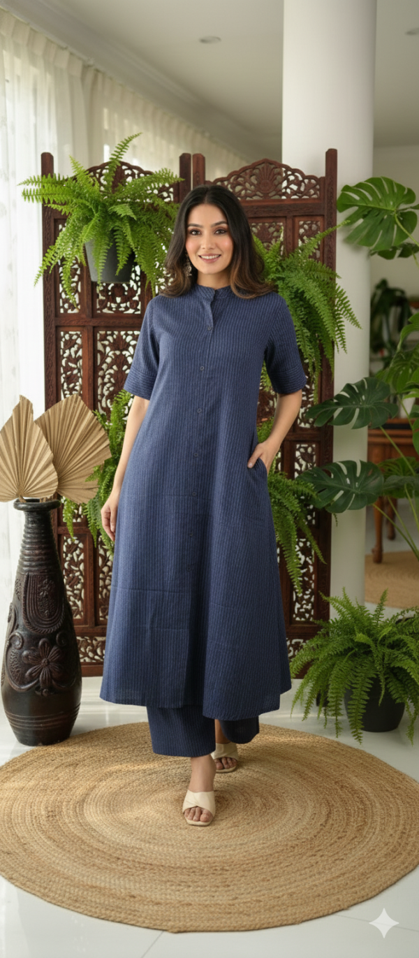 Kantha Cotton Kurta Palazzo set (Blue) For Women
