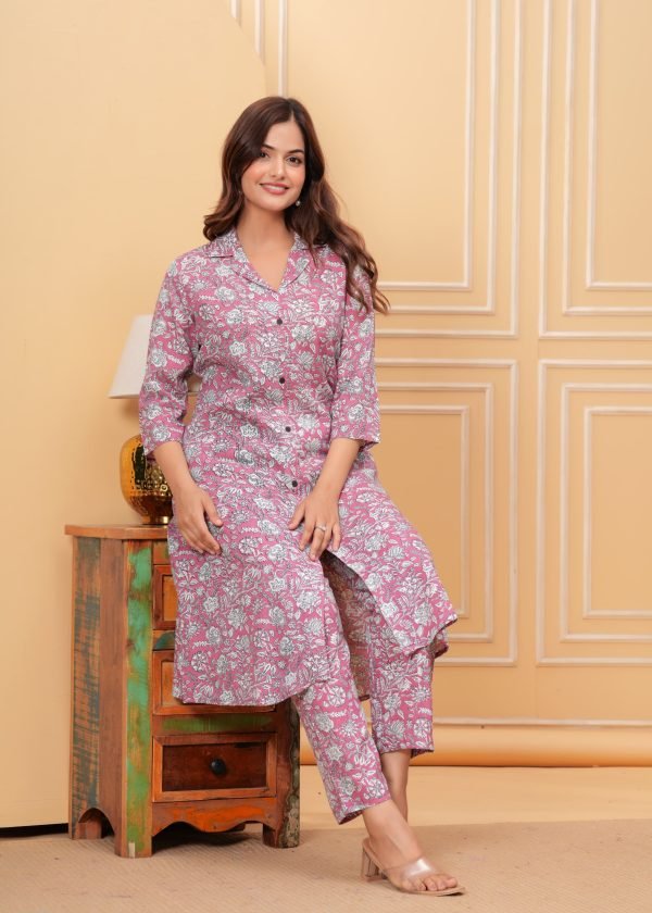 Baby Pink Cotton Printed Cord Set For Women